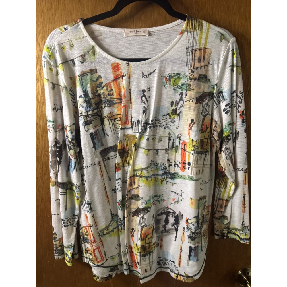 Jess & Jane Womens Medium Art Graphic Long Sleeve Top City Scene Made in USA M